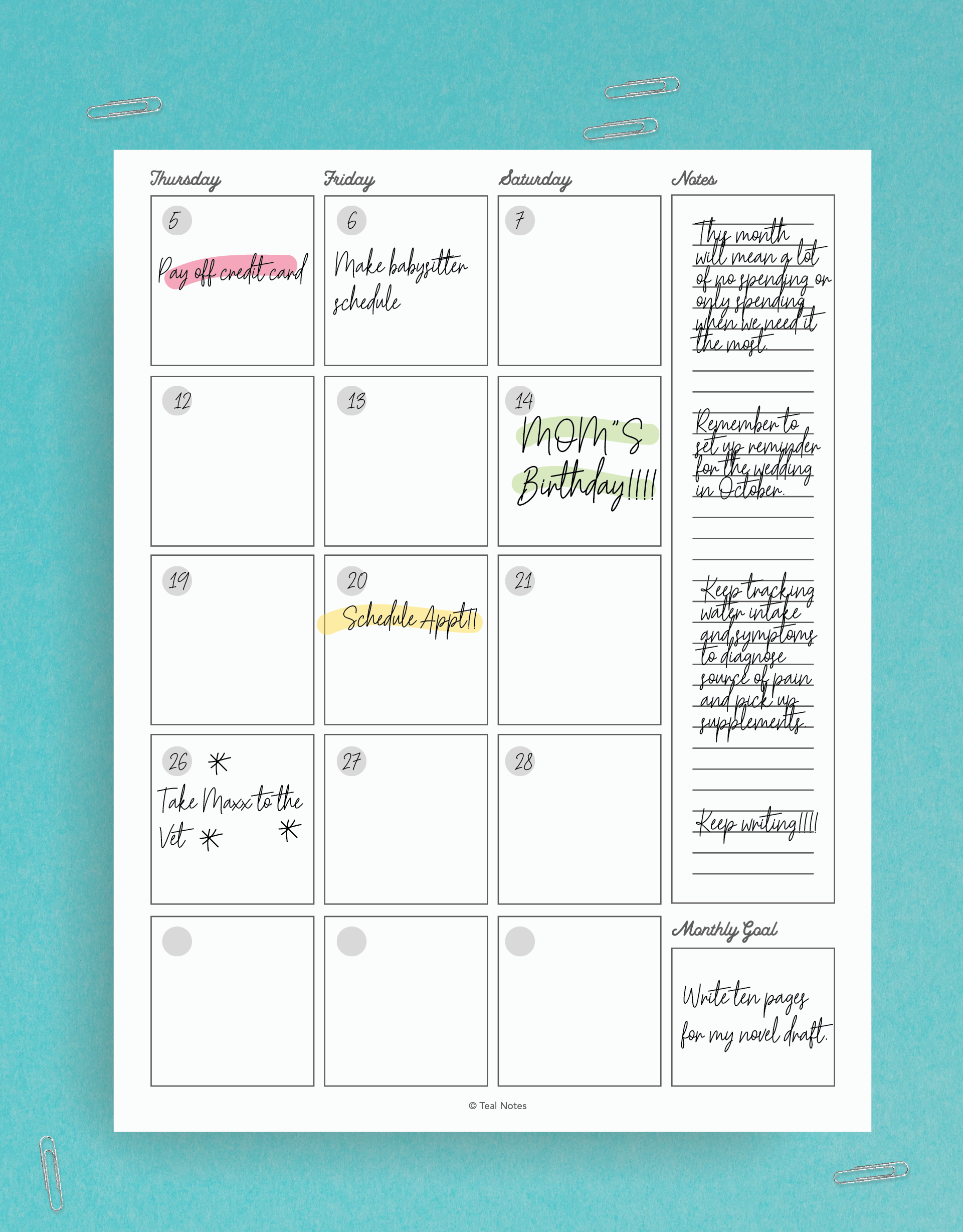 2 Page Plain Monthly Spread