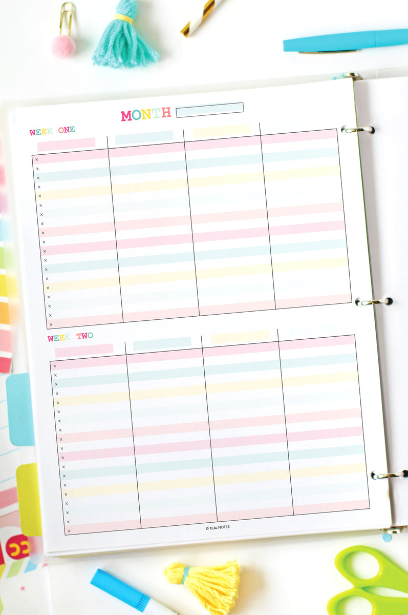 Blank 4 Week List Printable – Teal Notes